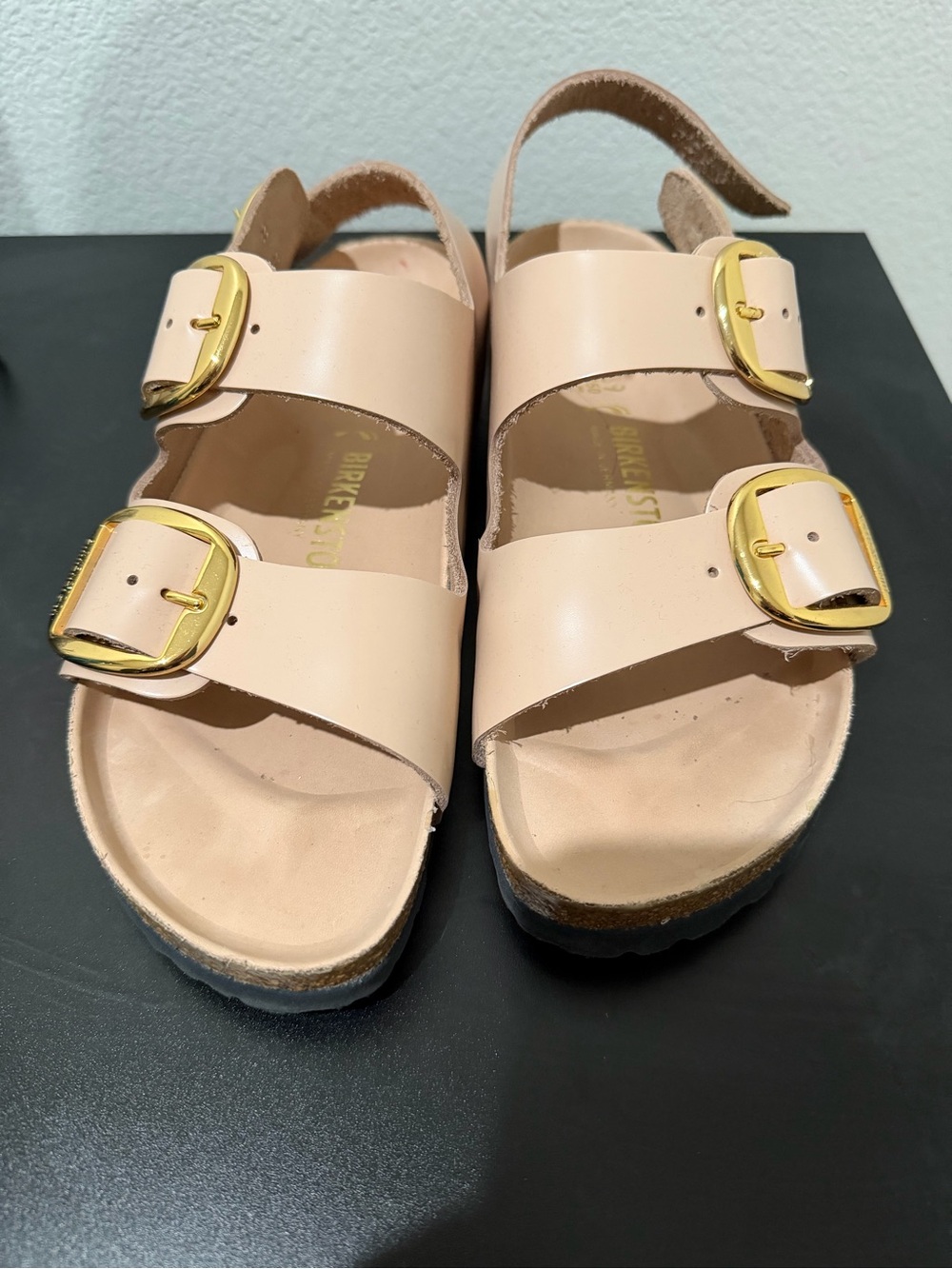Birkenstock Women’s Nude Pink Leather Double-Buckle Sandals with Gold Buckles